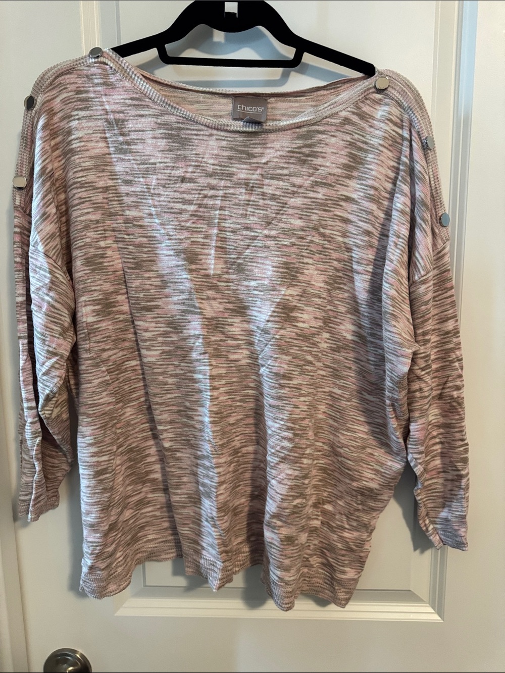 Chico's Pink Heathered Button-Shoulder Boatneck Top